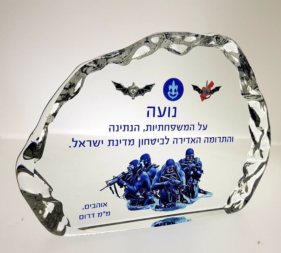 מגן הוקרה מזכוכית קריסטל עם חריטת לוגו וכיתוב