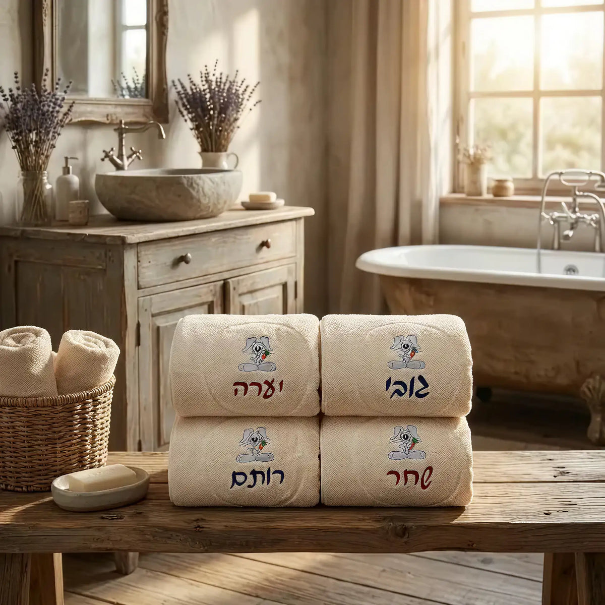 מגבות עם רקמת לוגו מקופלות על שולחן