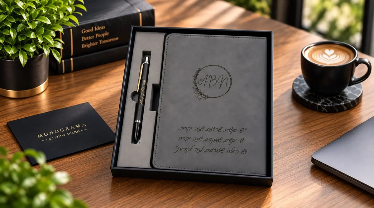 מחברת עור עם הטבעה ועט פרקר על שולחן עבודה