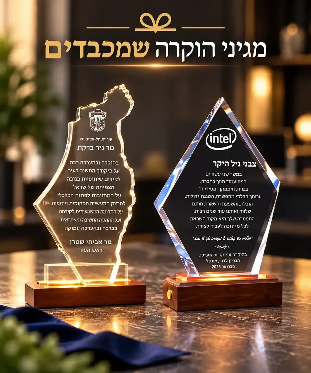 שתי לוחות הוקרה מוארים מקריסטל, האחד בצורת מפת ישראל והשני פריזמה מעוצבת עם חיתוך יהלום ולוגו של אינטל.