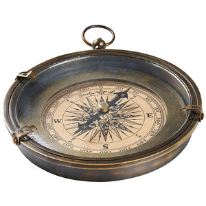 Large, ornate compass with a copper base in a wooden box