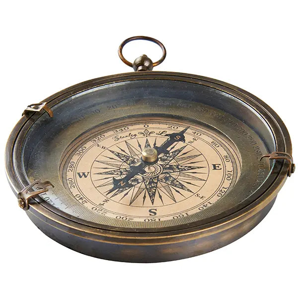 Large, ornate compass with a copper base in a wooden box
