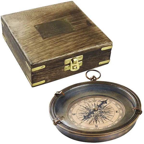Large, ornate compass with a copper base in a wooden box